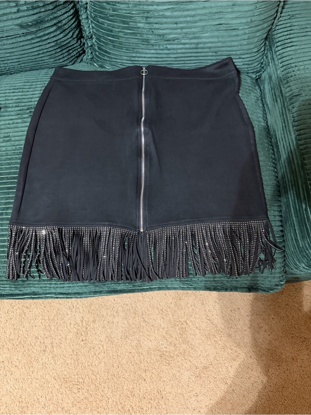 Studded Fringe Black Mini Skirt with Center Zip